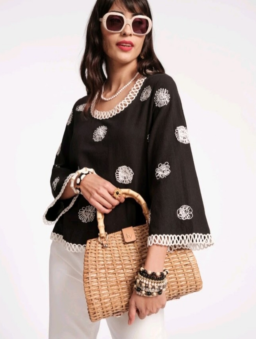 Frances Valentine Rooster Woven Wicker Top Handle Bag, Toast